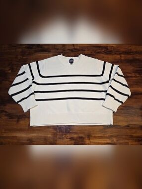 Gap Striped White Knit Sweater Chunky Knit Costal Black SZ XL 100% Cotton Preppy